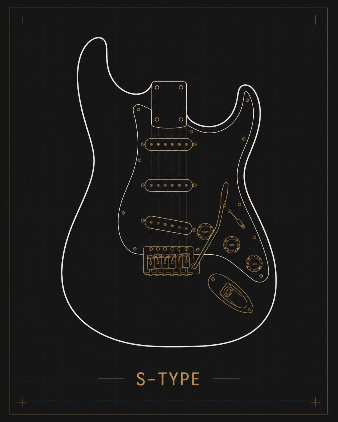 Blueprint-style S-type guitar body illustration