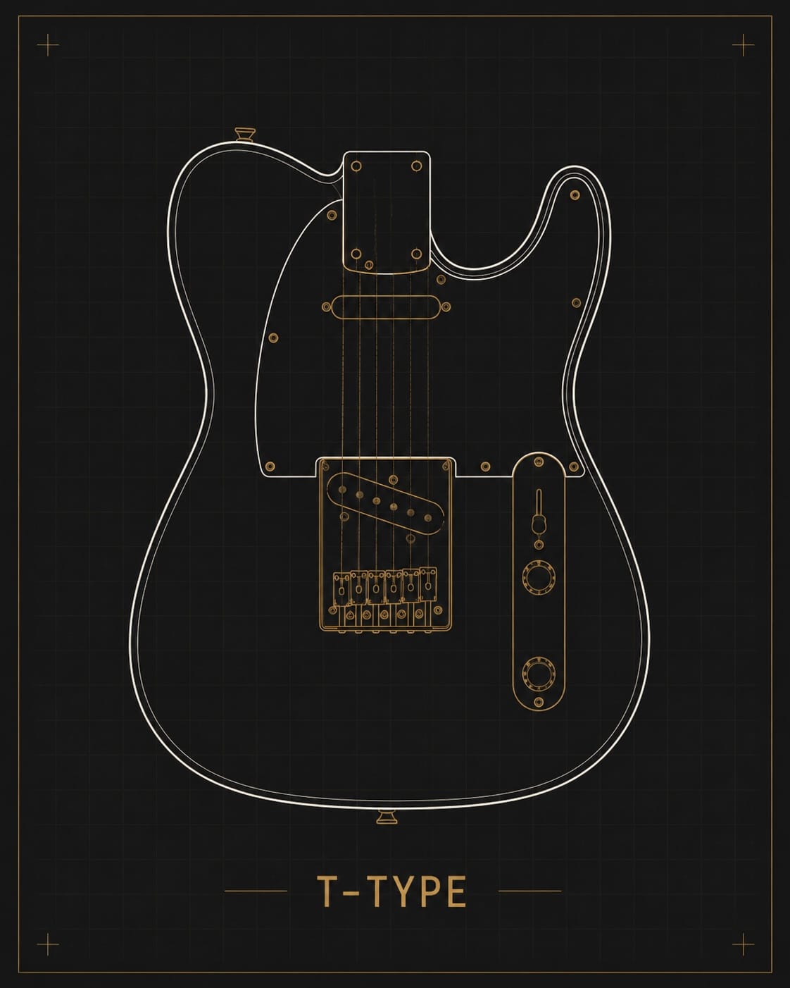 Blueprint-style T-type guitar body illustration